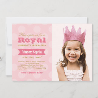 Royal Pink Gold Princess Photo Girls Birthday Invitation
