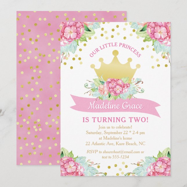Royal Pink Gold Princess Pretty Floral Birthday Invitation (Front/Back)