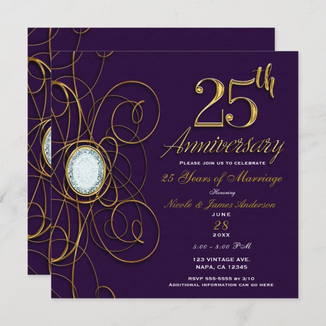 Royal Plum Purple Gold Diamond 25 25th Anniversary Invitation (Front/Back)