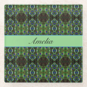 Royal Plumage - Luxe Peacock Feather Pattern  Glass Coaster