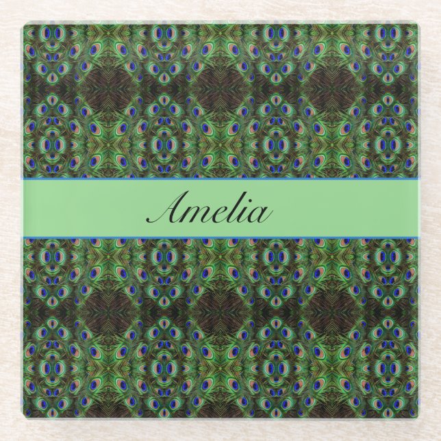 Royal Plumage - Luxe Peacock Feather Pattern  Glass Coaster (Front)
