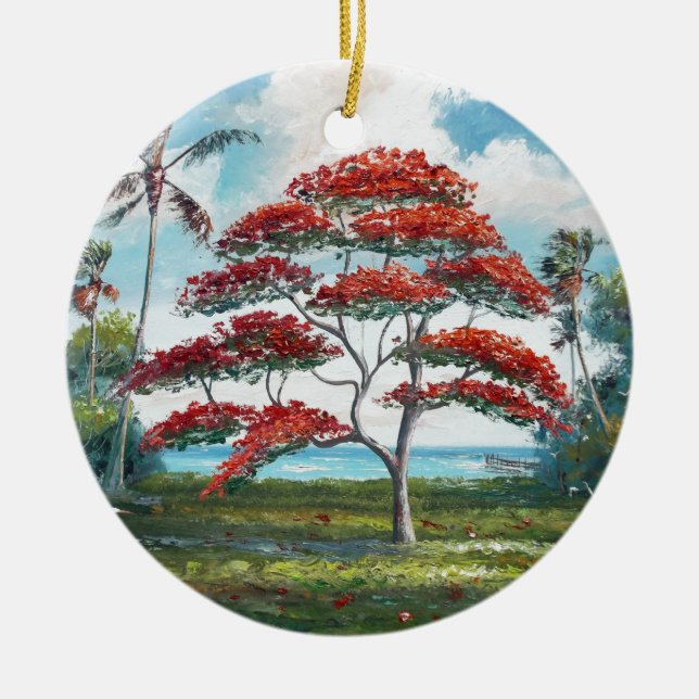 Royal Poinciana and Palm Tree Ceramic Tree Decoration (Front)