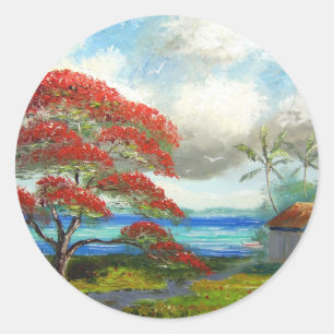 Royal Poinciana & Palm Trees Classic Round Sticker