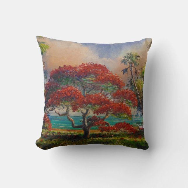 Royal Poinciana Tree & Boat by Mazz Cushion (Front)