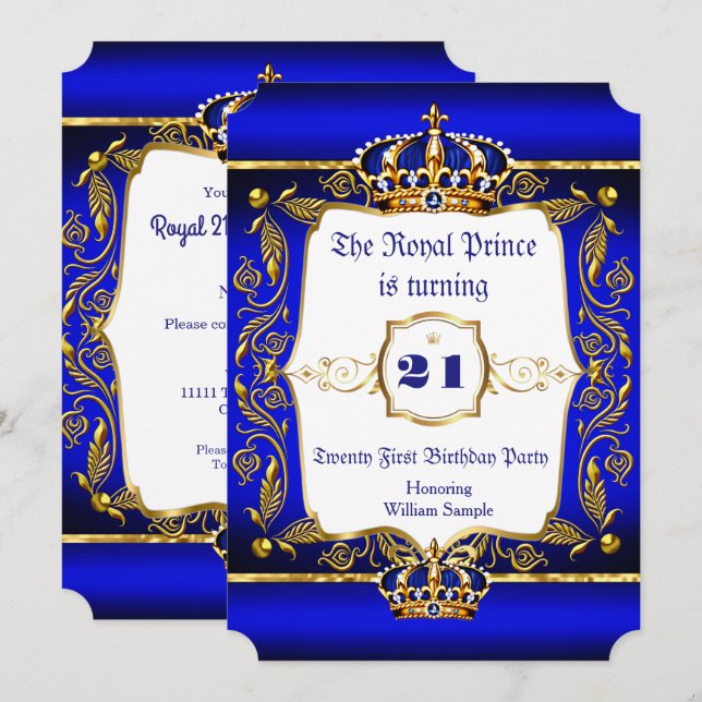 Royal Prince 21st Birthday Blue Ornate Gold Crown Invitation (Front/Back)