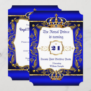 Royal Prince 21st Birthday Blue Ornate Gold Crown Invitation