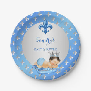 Royal Prince Baby Blue Silver Fleur de Lis Paper Plate