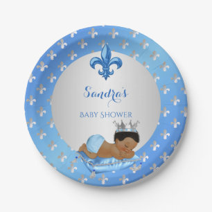 Royal Prince Baby Blue Silver Fleur de Lis Paper Plate
