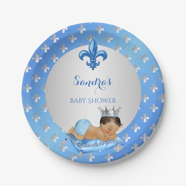 Royal Prince Baby Blue Silver Fleur de Lis Paper Plate (Front)