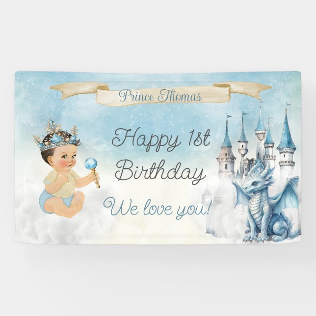 Royal Prince Baby Boy Castle Dragon Blue Gold Banner (Horizontal)