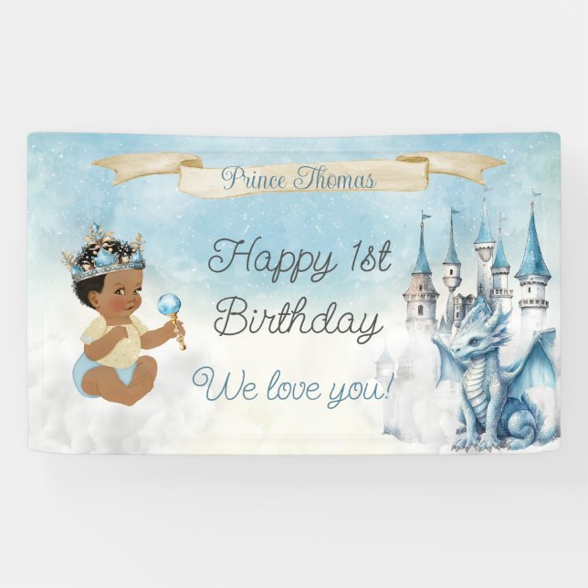 Royal Prince Baby Boy Castle Dragon Blue Gold Banner (Horizontal)
