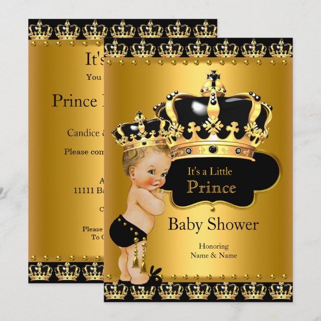 Royal Prince Baby Shower Black Gold Blonde Invitation (Front/Back)