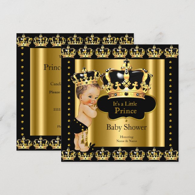 Royal Prince Baby Shower Black Gold Crown Invitation (Front/Back)