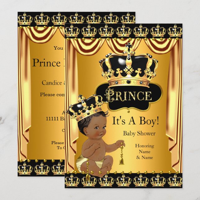 Royal Prince Baby Shower Black Gold Ethnic Boy Invitation (Front/Back)
