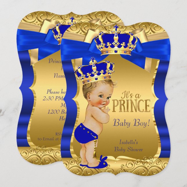 Royal Prince Baby Shower Blue Gold Bow Blonde Invitation (Front/Back)