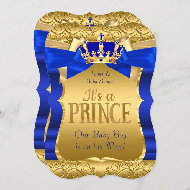 Royal Prince Baby Shower Blue Gold Bow Boy Invitation (Front/Back)