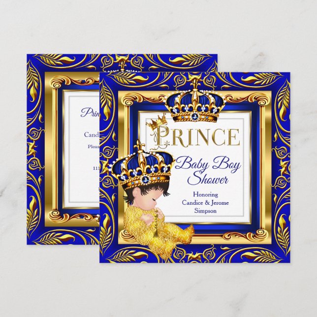 Royal Prince Baby Shower Blue Gold Brunette Invitation (Front/Back)