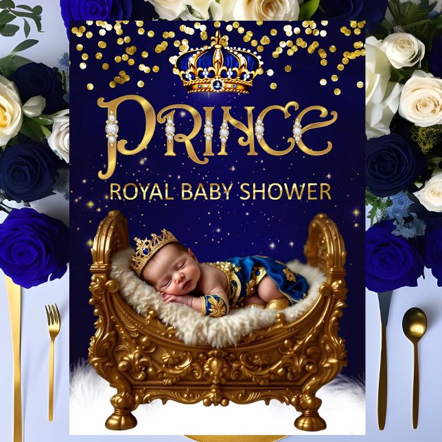 Royal Prince Baby Shower Blue Gold Crib Glitter Invitation (Creator Uploaded)