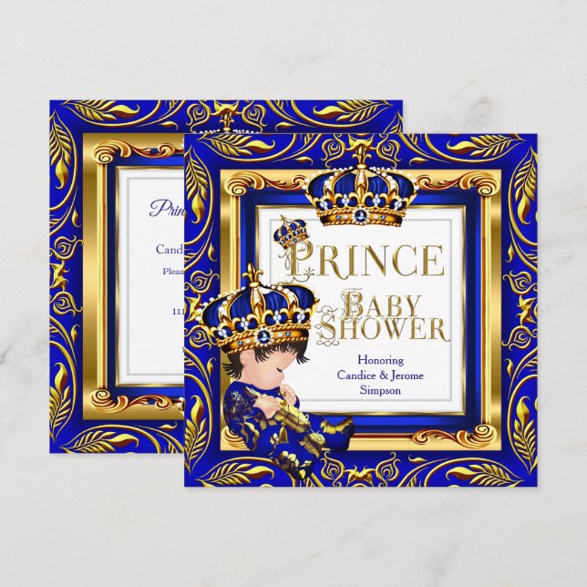 Royal Prince Baby Shower Blue Gold Crown Brunette  Invitation (Front/Back)