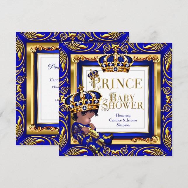 Royal Prince Baby Shower Blue Gold Crown Ethnic Invitation (Front/Back)