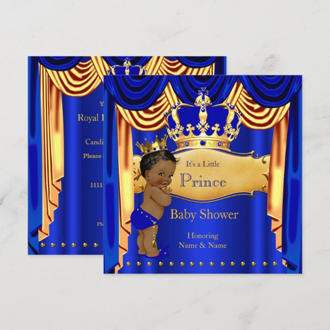 Royal Prince Baby Shower Blue Gold Crown Ethnic Invitation (Front/Back)