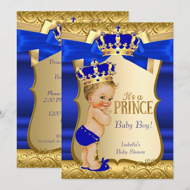 Royal Prince Baby Shower Blue Gold Damask Blonde Invitation (Front/Back)