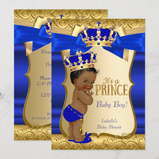 Royal Prince Baby Shower Blue Gold Damask Ethnic Invitation (Front/Back)