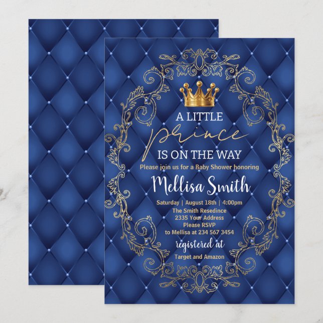 Royal Prince Baby Shower Blue Gold Rattle Ethnic Invitation (Front/Back)