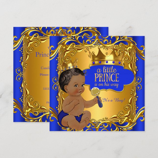 Royal Prince Baby Shower Blue Gold Rattle Ethnic Invitation (Front/Back)