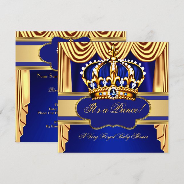Royal Prince Baby Shower Blue Gold Silk Drapes Invitation (Front/Back)