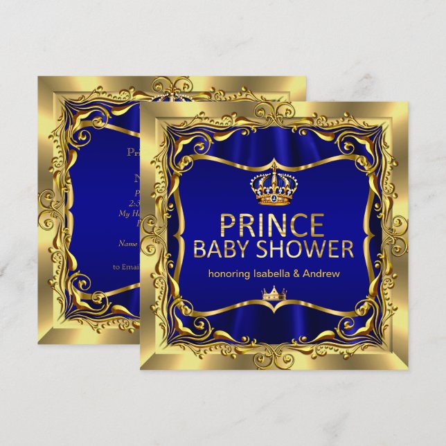 Royal Prince Baby Shower Boy Blue Gold Invitation (Front/Back)