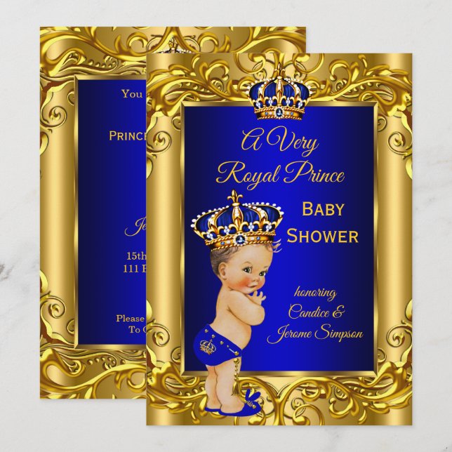 Royal Prince  Baby Shower Royal blue gold brunette Invitation (Front/Back)