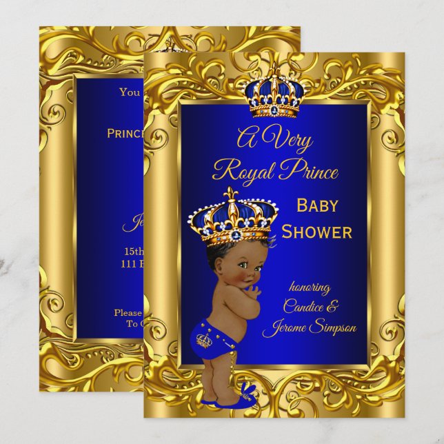 Royal Prince  Baby Shower Royal blue gold ethnic Invitation (Front/Back)