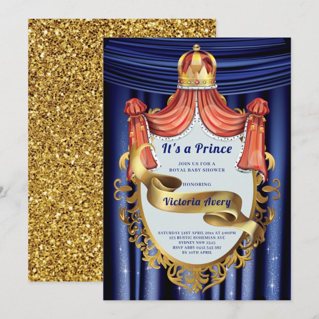 Royal Prince Blue Gold Baby Shower Invitation (Front/Back)