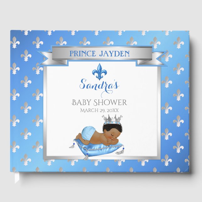 Royal Prince Blue Silver Baby Boy Fleur Pillow Guest Book (Front)