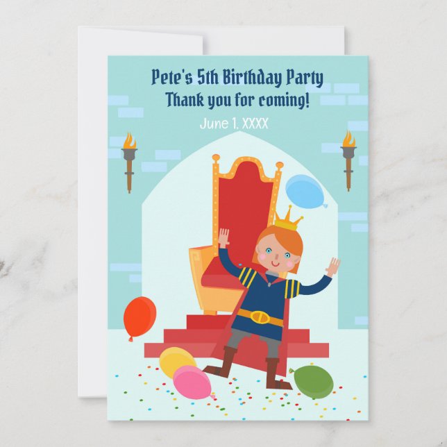 Royal Prince Boy Birthday Party Thank You Card (Front)