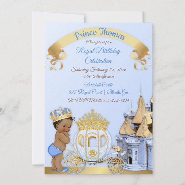 Royal Prince Castle Carriage Blue Gold Boy Invitation (Front)