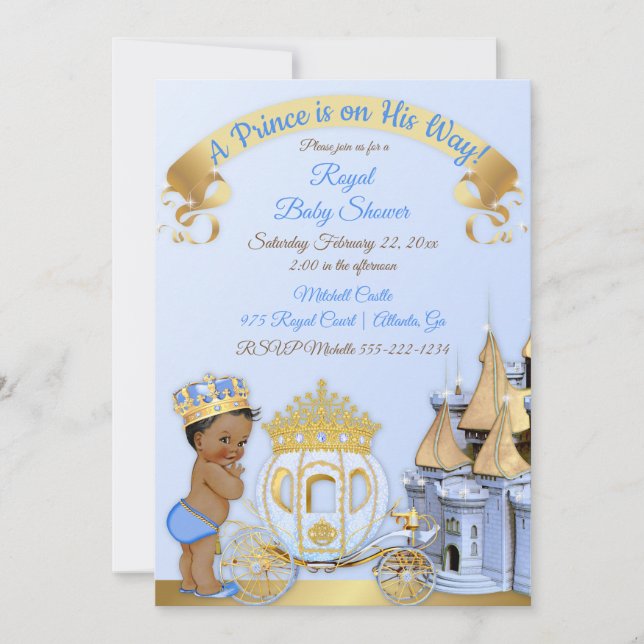 Royal Prince Castle Carriage Blue Gold Boy Invitation (Front)