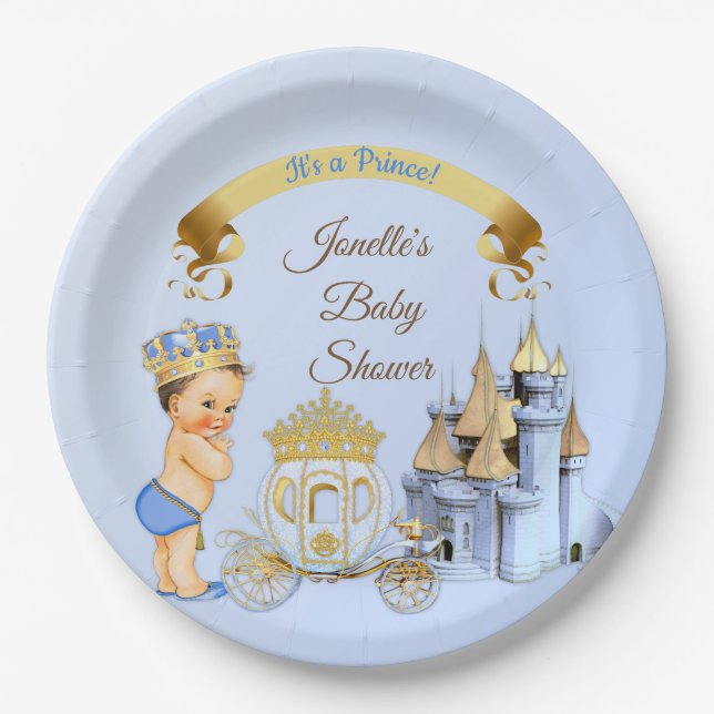 Royal Prince Castle Carriage Blue Gold Boy Paper Plate (Front)