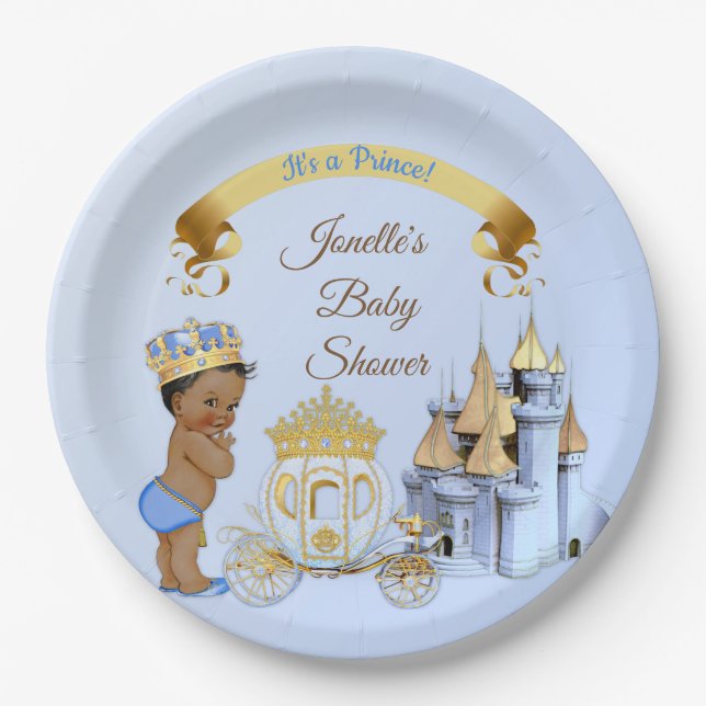 Royal Prince Castle Carriage Blue Gold Boy Paper Plate (Front)