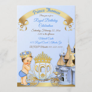 Royal Prince Castle Carriage Blue Gold Boy Photo Invitation