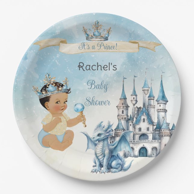 Royal Prince Castle Dragon Crown Blue Gold Boy Paper Plate (Front)