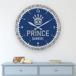Royal Prince Faux Silver Glitter Crown Boys Room Large Clock