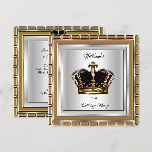 Royal Prince King Crown Gold Silver Birthday Party Invitation (Front/Back)