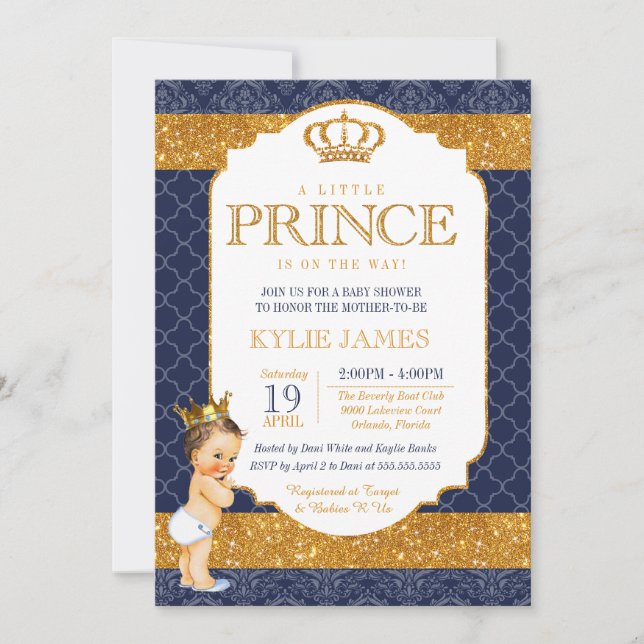 Royal Prince Navy Blue Gold White Baby Shower Invitation (Front)