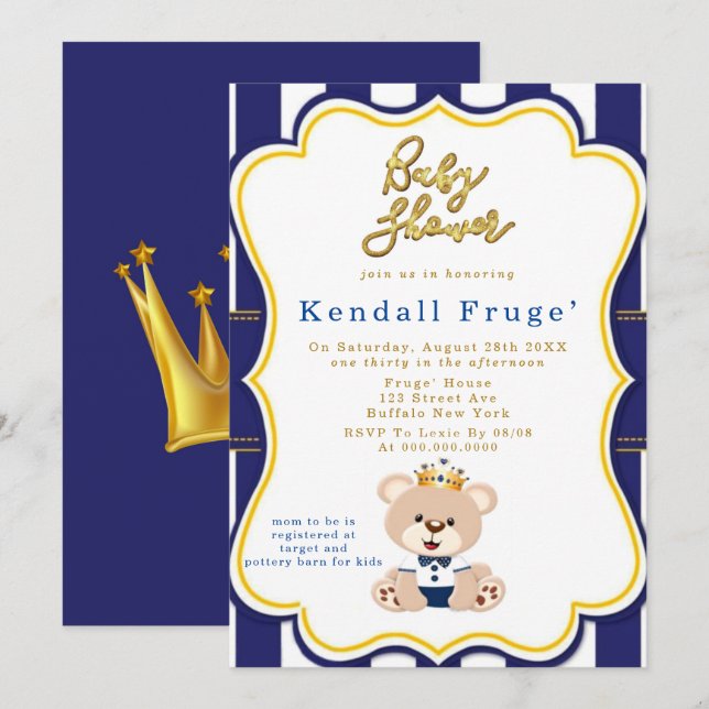 Royal Prince Teddy Bear Baby Shower Invitations  (Front/Back)