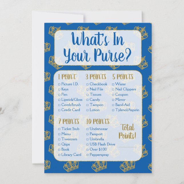 Royal Prince What's In Your Purse Baby Shower Game Invitation (Front)