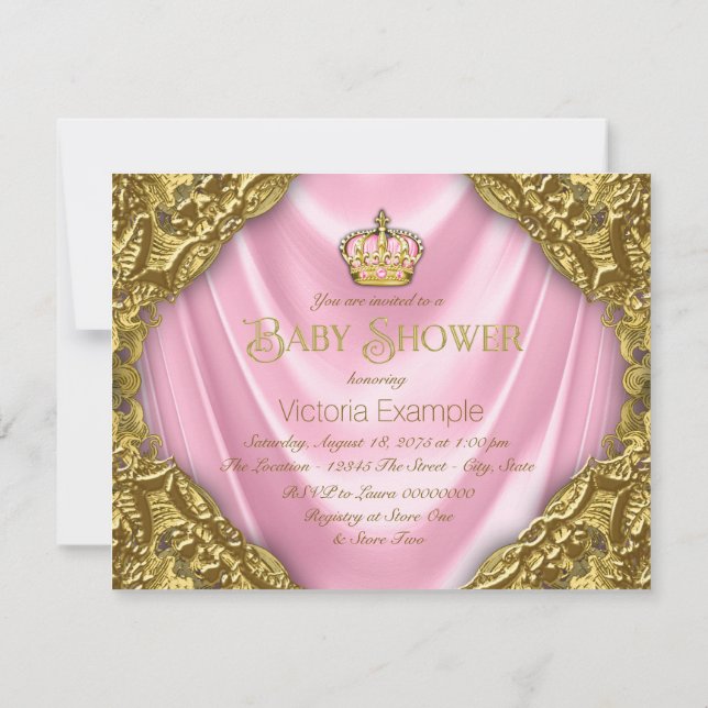 Royal Princess Baby Shower Pink Satin and Gold Invitation (Back)
