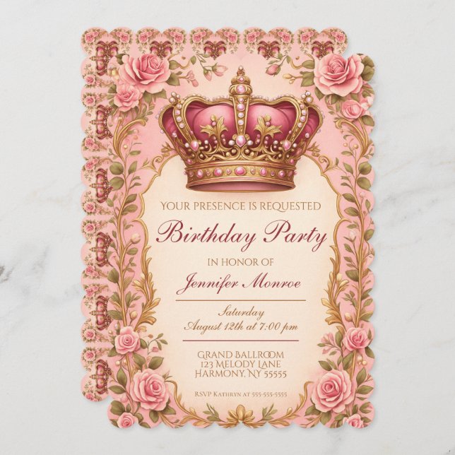 Royal Princess Birthday Party Crown Ornate Invitation (Front/Back)