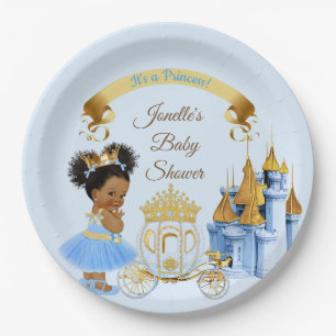 Royal Princess Castle Carriage Blue Gold Girl Paper Plate